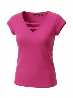 New York & Company Hot Pink V-Neck Short Sleeve Top with Strappy Detail